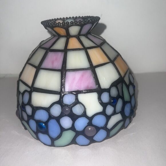 VTG Small Tiffany Style Stained Mosaic Glass Leaded Lamp Shade Slag Jeweled 6” - Picture 5 of 9